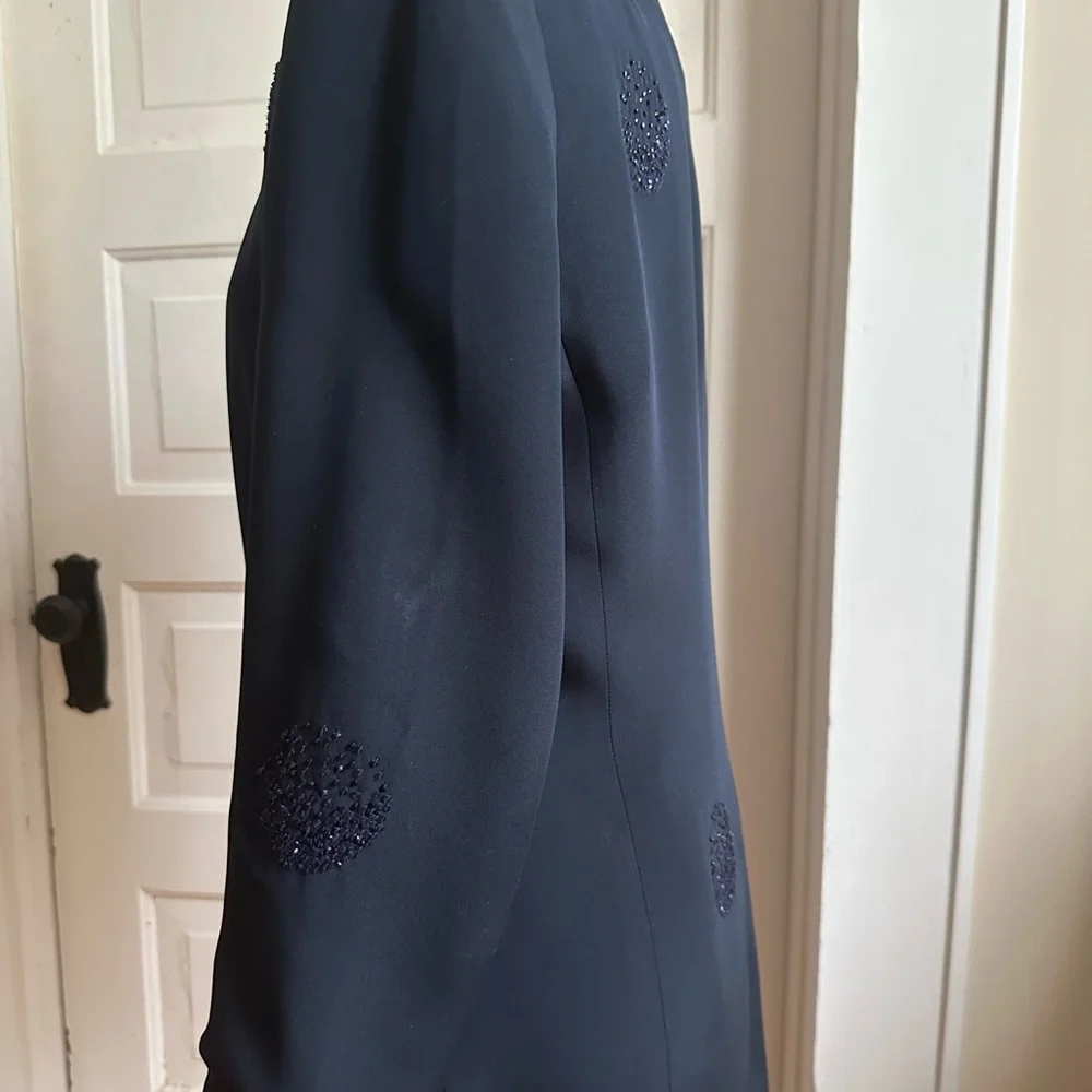 Akris Navy Silk Jacket with Hand Beaded Crystals Size 10 - Picture 3 of 16